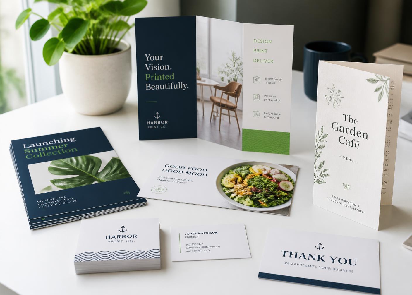 Printed business cards, folded leaflets and menus arranged on a desk